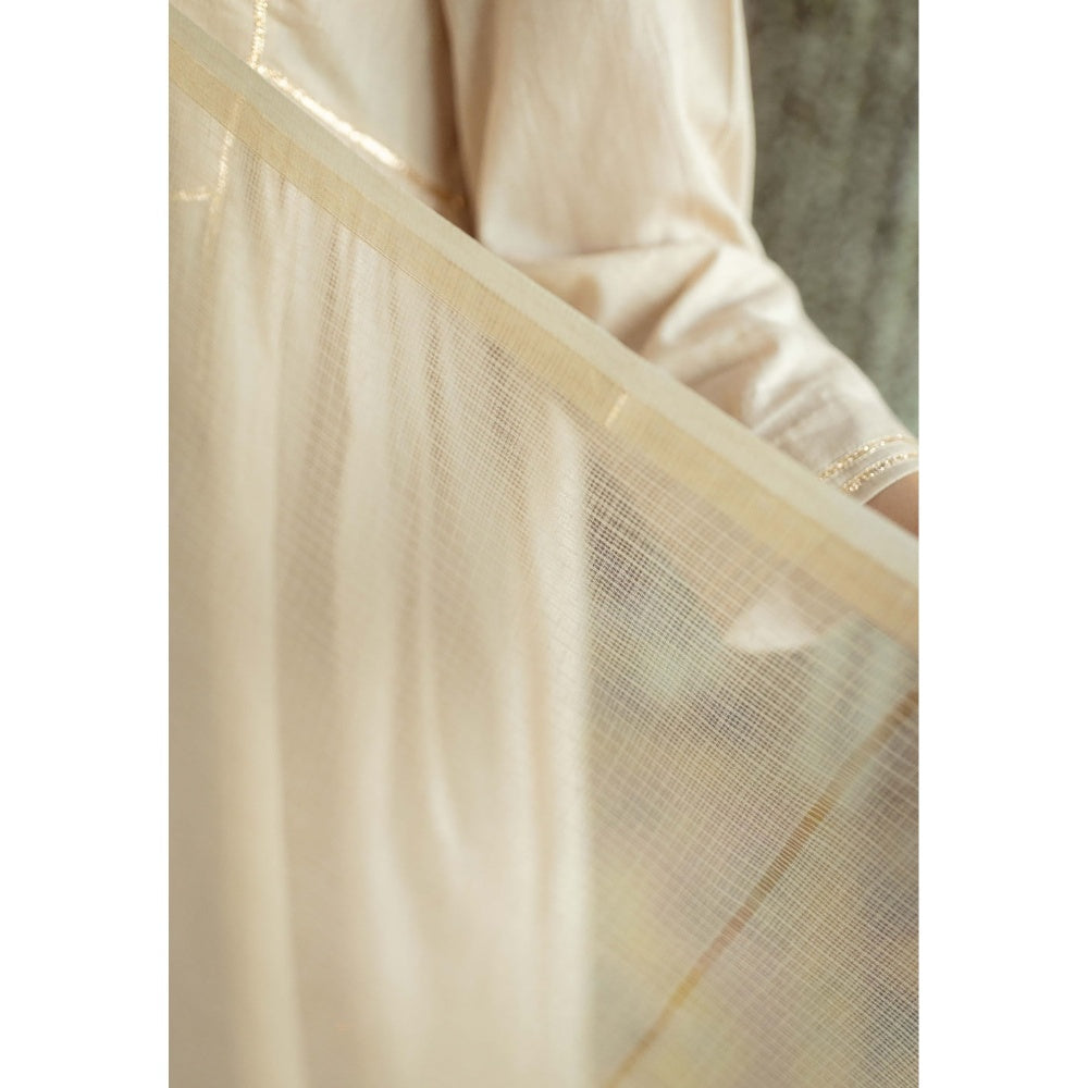 The Indian Ethnic Co. Beige Plain A-Line Cotton Kurta with Pant and Dupatta (Set of 3)