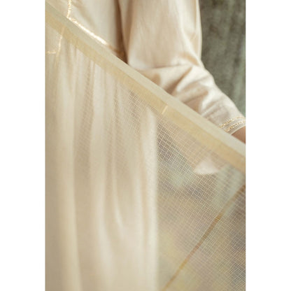 The Indian Ethnic Co. Beige Plain A-Line Cotton Kurta with Pant and Dupatta (Set of 3)