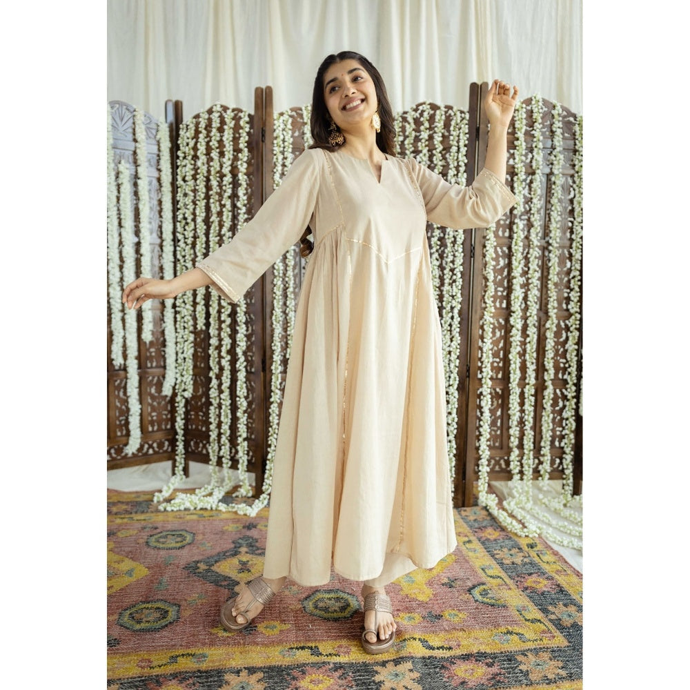 The Indian Ethnic Co. Beige Plain A-Line Cotton Kurta with Pant and Dupatta (Set of 3)