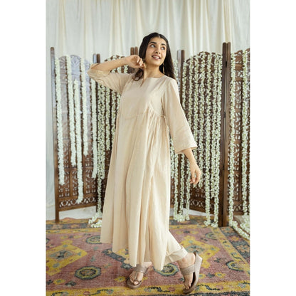 The Indian Ethnic Co. Beige Plain A-Line Cotton Kurta with Pant and Dupatta (Set of 3)