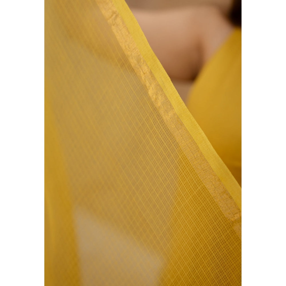 The Indian Ethnic Co. Golden Yellow Plain Cotton V-Neck Kurta with Pant and Dupatta (Set of 3)