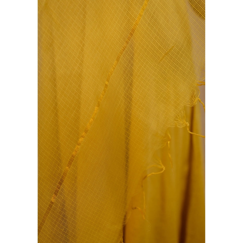 The Indian Ethnic Co. Golden Yellow Plain Cotton V-Neck Kurta with Pant and Dupatta (Set of 3)