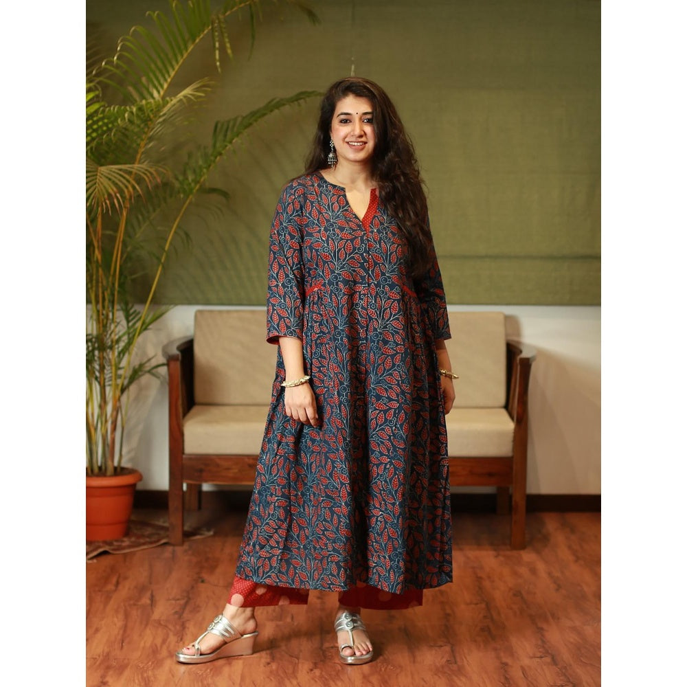 The Indian Ethnic Co. Indigo Fit and Flare Ajrakh Handblock Printed Kurta