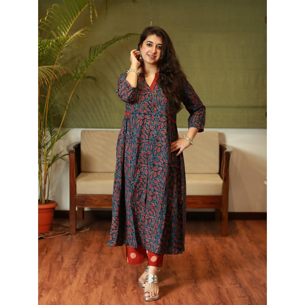 The Indian Ethnic Co. Indigo Fit and Flare Ajrakh Handblock Printed Kurta