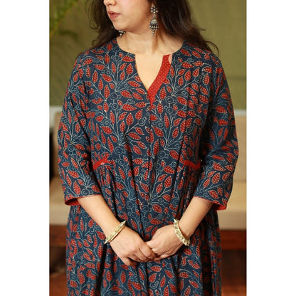 The Indian Ethnic Co. Indigo Fit and Flare Ajrakh Handblock Printed Kurta