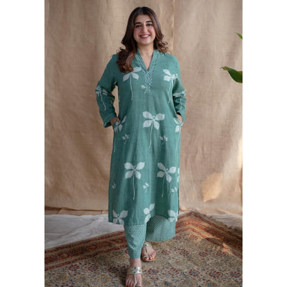 The Indian Ethnic Co. Green Straight Dabu Slub Cotton Printed Kurta with Palazzo (Set of 2)