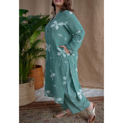 The Indian Ethnic Co. Green Straight Dabu Slub Cotton Printed Kurta with Palazzo (Set of 2)