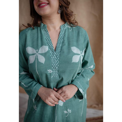 The Indian Ethnic Co. Green Straight Dabu Slub Cotton Printed Kurta with Palazzo (Set of 2)