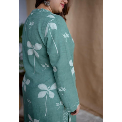 The Indian Ethnic Co. Green Straight Dabu Slub Cotton Printed Kurta with Palazzo (Set of 2)