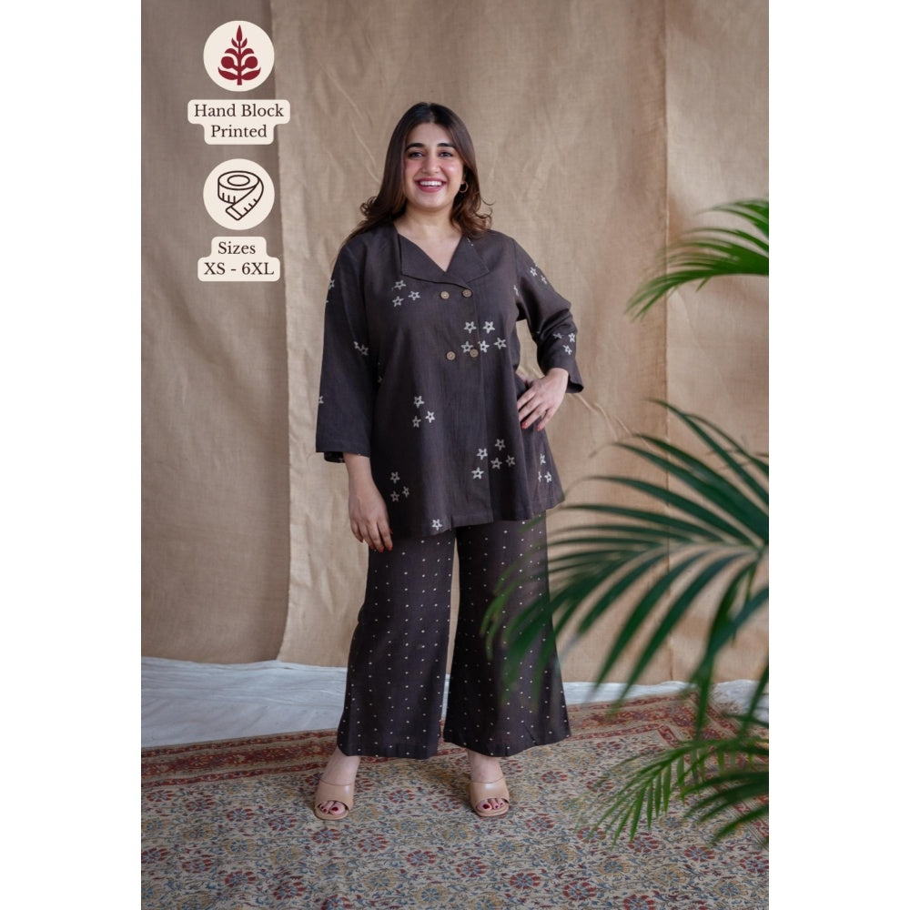 The Indian Ethnic Co. Charcoal Straight Dabu Slub Cotton Printed Top with Palazzo (Set of 2)