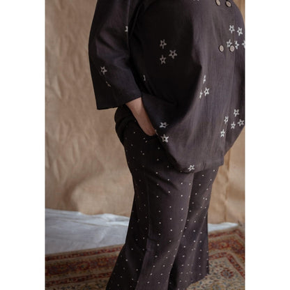 The Indian Ethnic Co. Charcoal Straight Dabu Slub Cotton Printed Top with Palazzo (Set of 2)