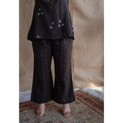 The Indian Ethnic Co. Charcoal Straight Dabu Slub Cotton Printed Top with Palazzo (Set of 2)