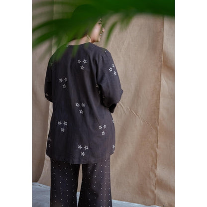The Indian Ethnic Co. Charcoal Straight Dabu Slub Cotton Printed Top with Palazzo (Set of 2)