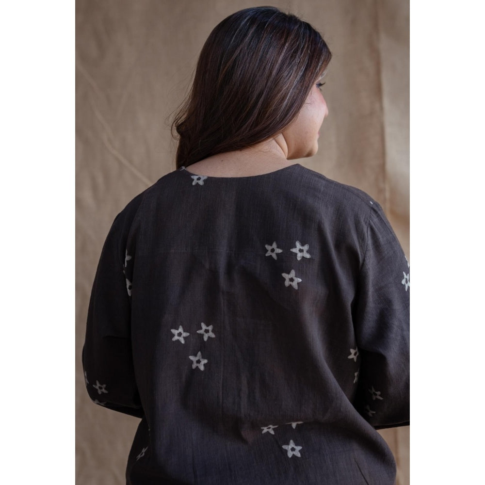 The Indian Ethnic Co. Charcoal Straight Dabu Slub Cotton Printed Top with Palazzo (Set of 2)
