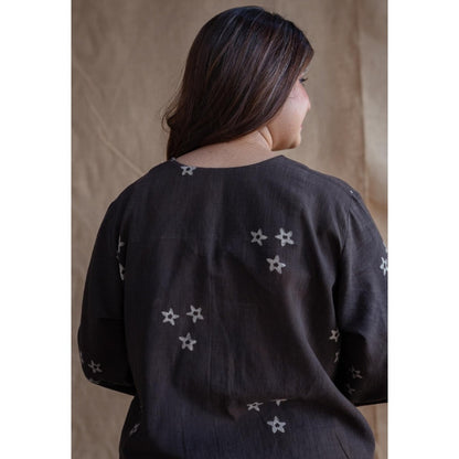 The Indian Ethnic Co. Charcoal Straight Dabu Slub Cotton Printed Top with Palazzo (Set of 2)