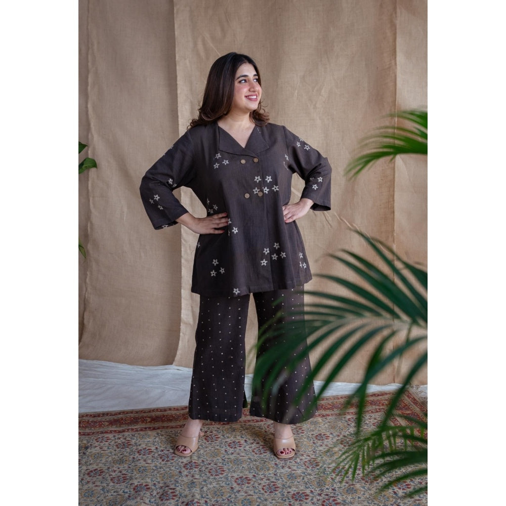 The Indian Ethnic Co. Charcoal Straight Dabu Slub Cotton Printed Top with Palazzo (Set of 2)