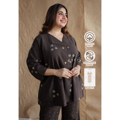 The Indian Ethnic Co. Charcoal Straight Dabu Slub Cotton Printed Top with Palazzo (Set of 2)