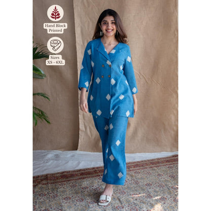 The Indian Ethnic Co. Blue Straight Dabu Slub Cotton Printed Co-Ord (Set of 2)