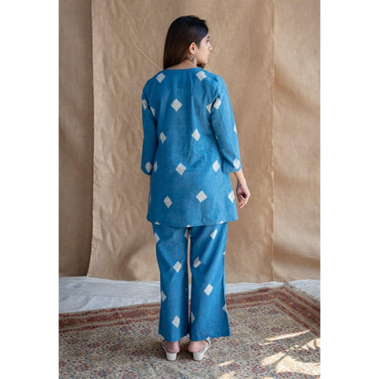 The Indian Ethnic Co. Blue Straight Dabu Slub Cotton Printed Co-Ord (Set of 2)