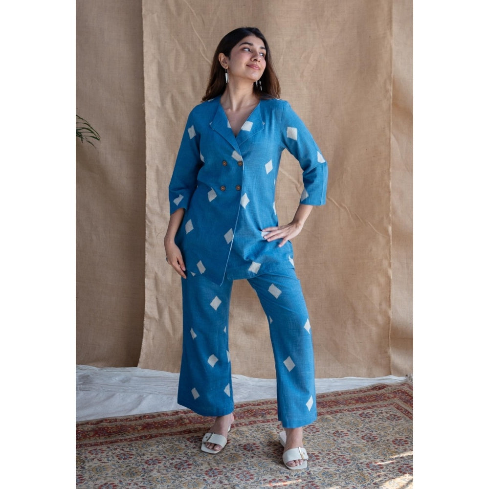 The Indian Ethnic Co. Blue Straight Dabu Slub Cotton Printed Co-Ord (Set of 2)