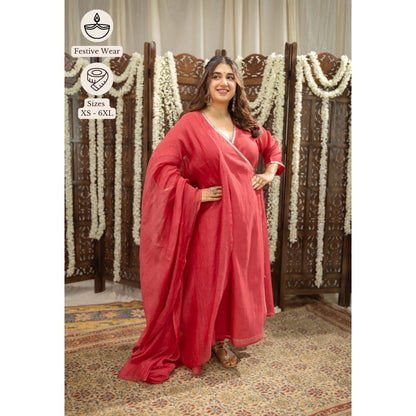 The Indian Ethnic Co. Crimson Gota Silk Angrakha Kurta With Chudidar and Dupatta (Set of 3)