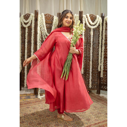 The Indian Ethnic Co. Crimson Gota Silk Angrakha Kurta With Chudidar and Dupatta (Set of 3)