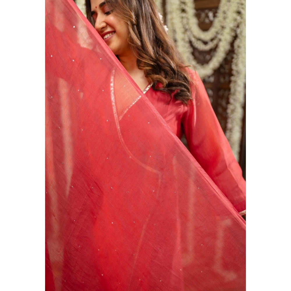 The Indian Ethnic Co. Crimson Gota Silk Angrakha Kurta With Chudidar and Dupatta (Set of 3)