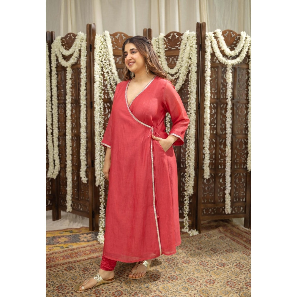 The Indian Ethnic Co. Crimson Gota Silk Angrakha Kurta With Chudidar and Dupatta (Set of 3)
