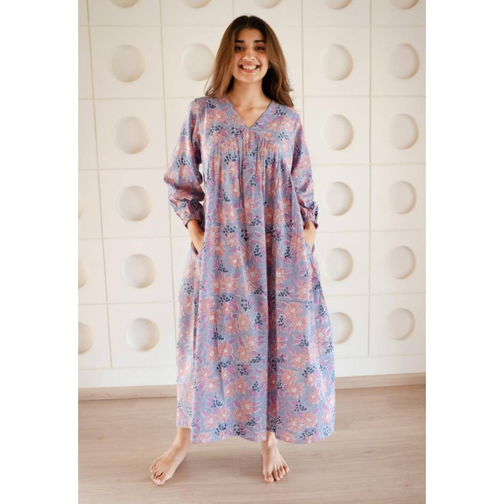The Indian Ethnic Co. Blue A-Line Sanganeri Cotton Floral Printed Maxi Dress