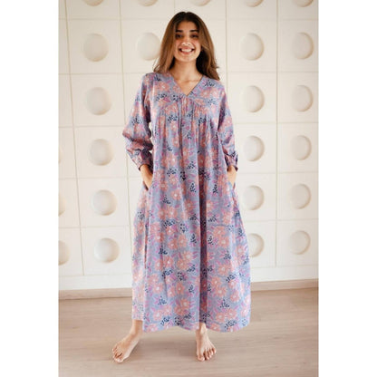 The Indian Ethnic Co. Blue A-Line Sanganeri Cotton Floral Printed Maxi Dress