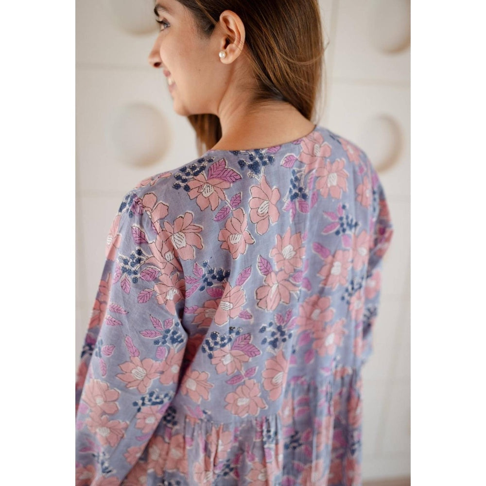 The Indian Ethnic Co. Blue A-Line Sanganeri Cotton Floral Printed Maxi Dress