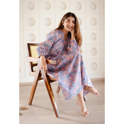 The Indian Ethnic Co. Blue A-Line Sanganeri Cotton Floral Printed Maxi Dress