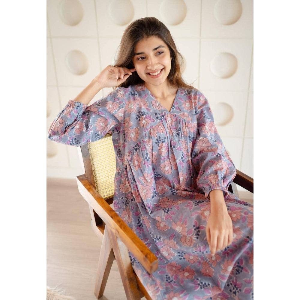 The Indian Ethnic Co. Blue A-Line Sanganeri Cotton Floral Printed Maxi Dress
