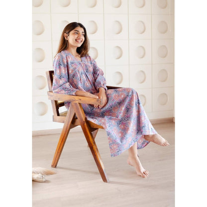 The Indian Ethnic Co. Blue A-Line Sanganeri Cotton Floral Printed Maxi Dress