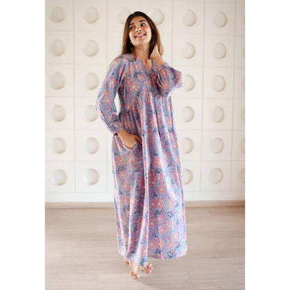The Indian Ethnic Co. Blue A-Line Sanganeri Cotton Floral Printed Maxi Dress