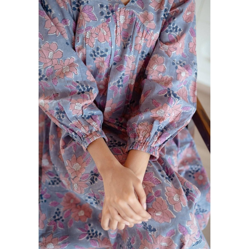 The Indian Ethnic Co. Blue A-Line Sanganeri Cotton Floral Printed Maxi Dress