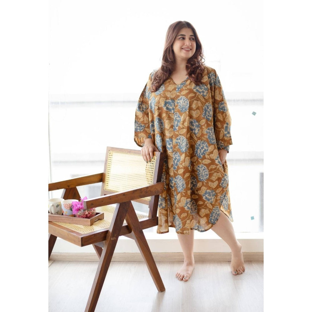 The Indian Ethnic Co. Mustard Loose Sanagneri Cotton Printed Midi Dress