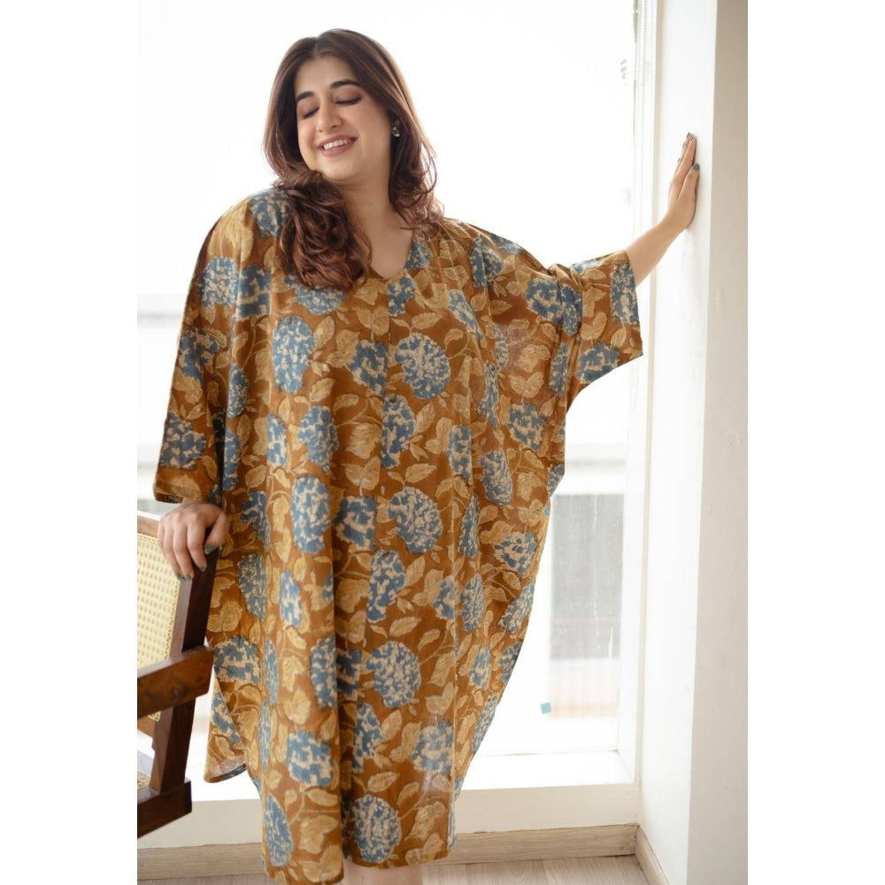 The Indian Ethnic Co. Mustard Loose Sanagneri Cotton Printed Midi Dress