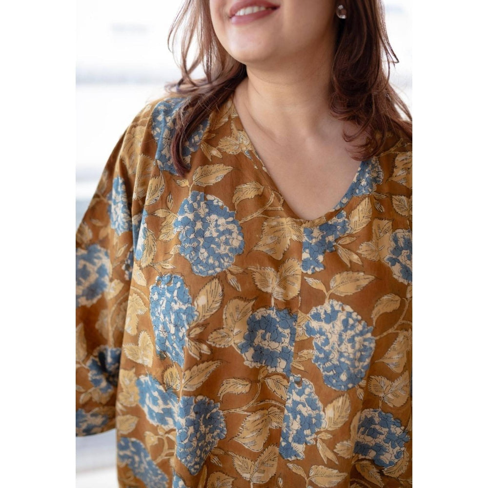 The Indian Ethnic Co. Mustard Loose Sanagneri Cotton Printed Midi Dress