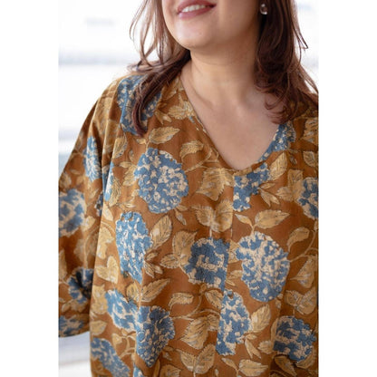 The Indian Ethnic Co. Mustard Loose Sanagneri Cotton Printed Midi Dress
