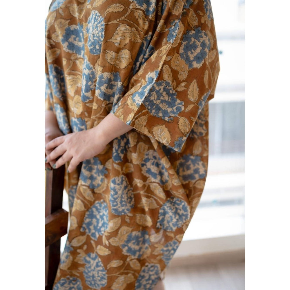 The Indian Ethnic Co. Mustard Loose Sanagneri Cotton Printed Midi Dress