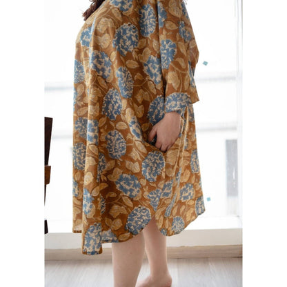 The Indian Ethnic Co. Mustard Loose Sanagneri Cotton Printed Midi Dress