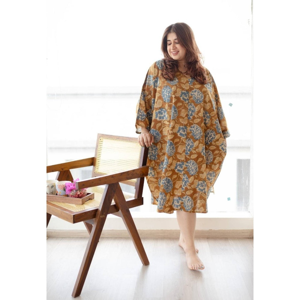 The Indian Ethnic Co. Mustard Loose Sanagneri Cotton Printed Midi Dress