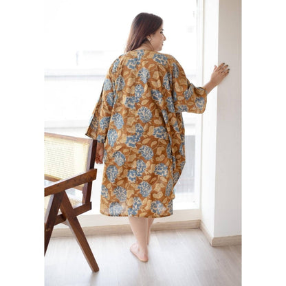 The Indian Ethnic Co. Mustard Loose Sanagneri Cotton Printed Midi Dress