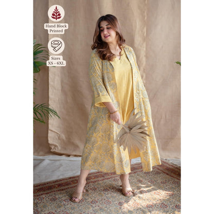The Indian Ethnic Co. Rasia Yellow A-Line Dabu Slub Cotton Jacket
