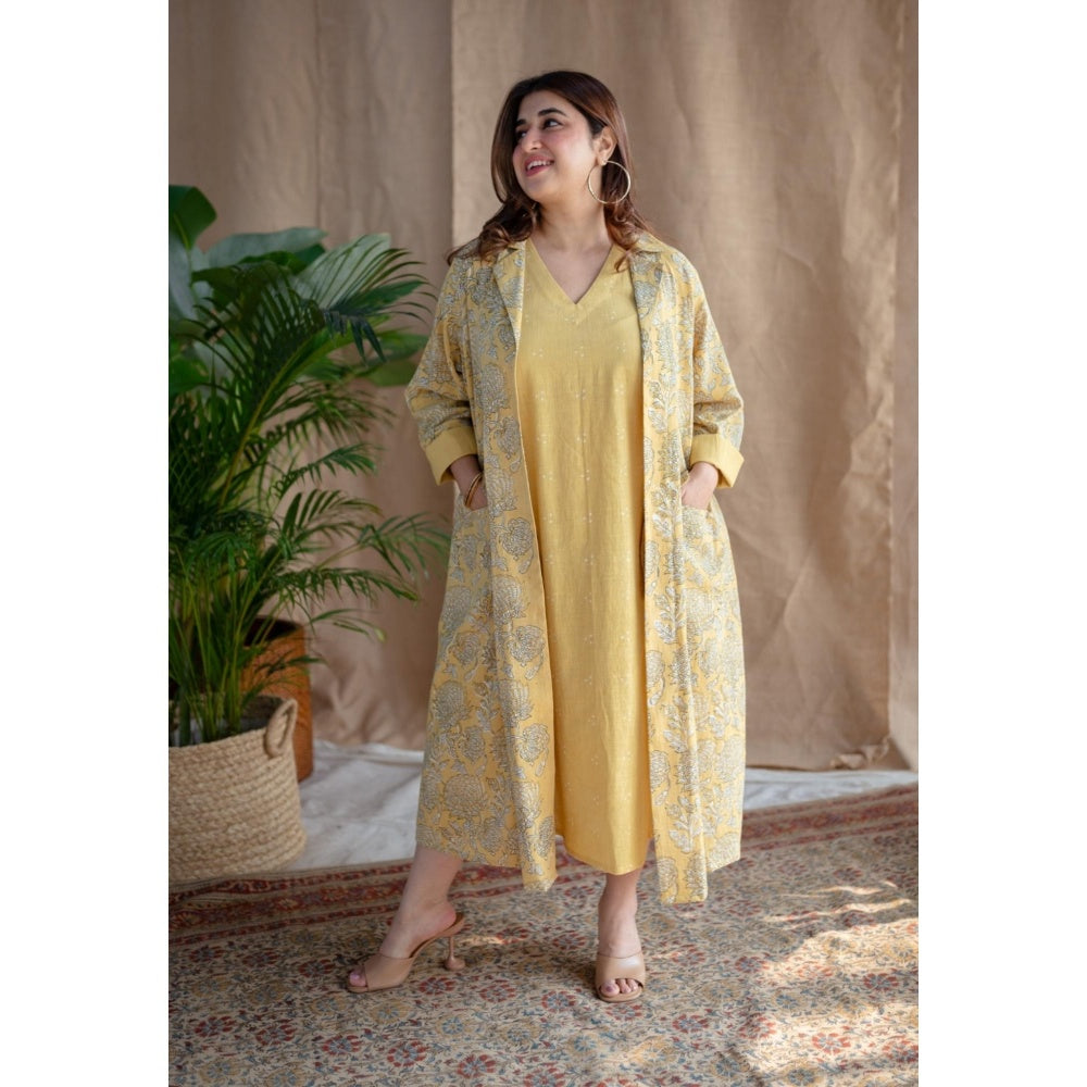 The Indian Ethnic Co. Rasia Yellow A-Line Dabu Slub Cotton Jacket