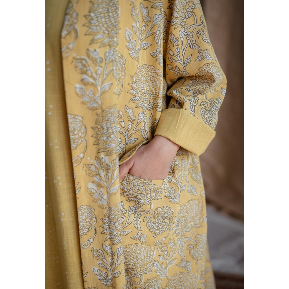 The Indian Ethnic Co. Rasia Yellow A-Line Dabu Slub Cotton Jacket