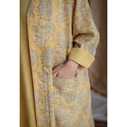 The Indian Ethnic Co. Rasia Yellow A-Line Dabu Slub Cotton Jacket