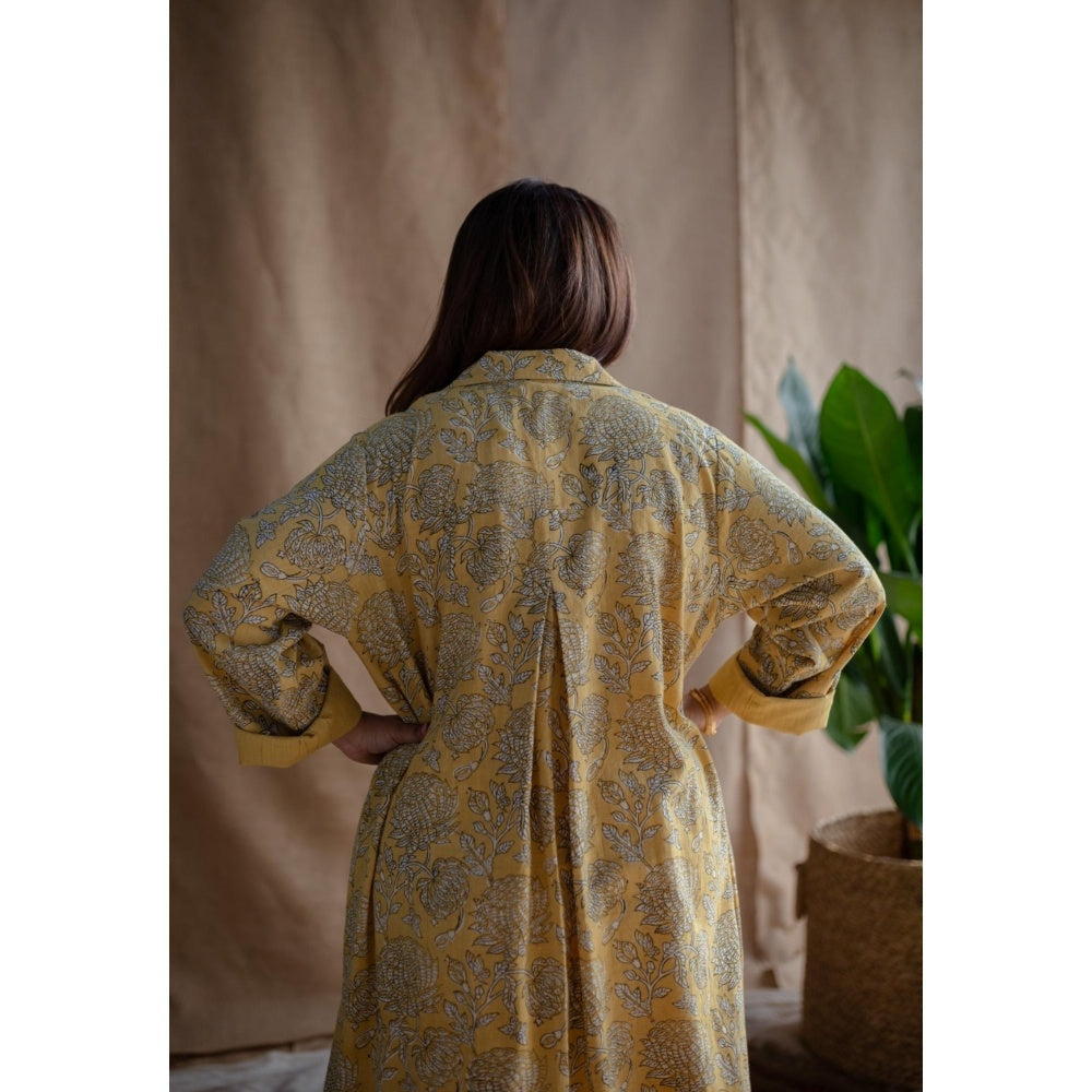 The Indian Ethnic Co. Rasia Yellow A-Line Dabu Slub Cotton Jacket
