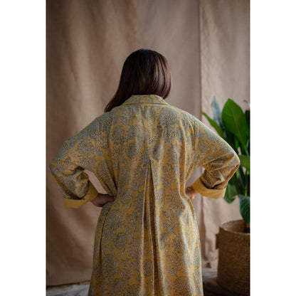 The Indian Ethnic Co. Rasia Yellow A-Line Dabu Slub Cotton Jacket